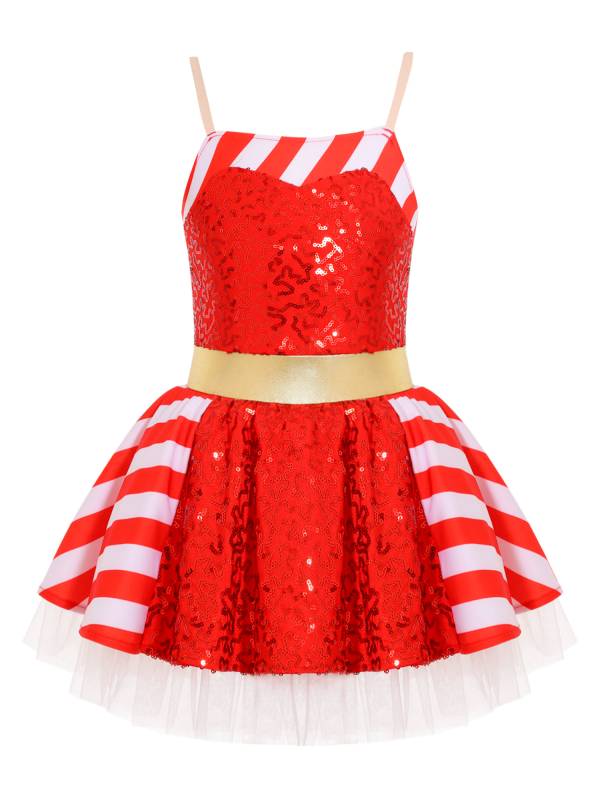 Kids Girls Christmas Striped Sequin Straps Tutu Dress thumb