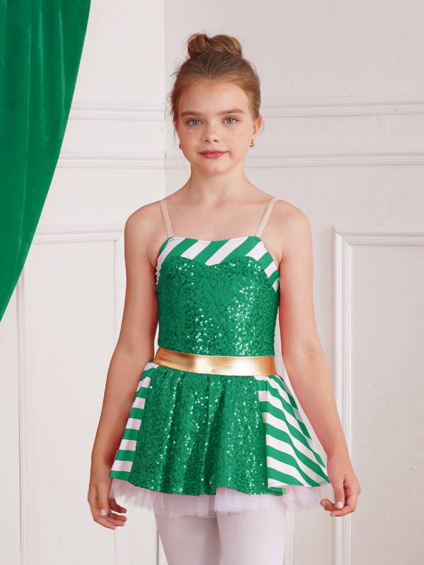 Kids Girls Christmas Striped Sequin Straps Tutu Dress thumb