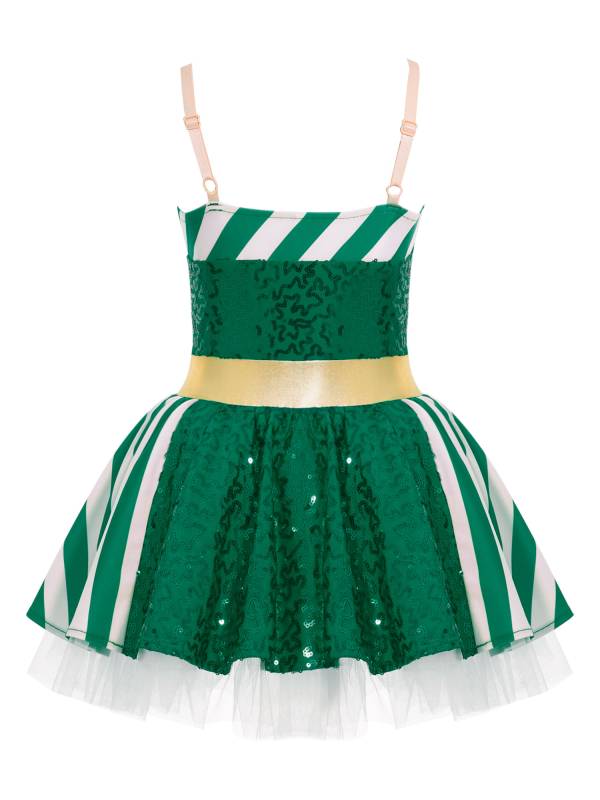 Kids Girls Christmas Striped Sequin Straps Tutu Dress thumb