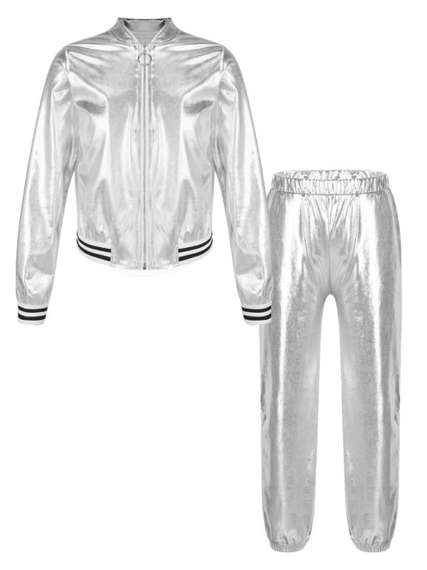 Kids Girls Metallic Zipper Jacket and Pants Sport Sets thumb