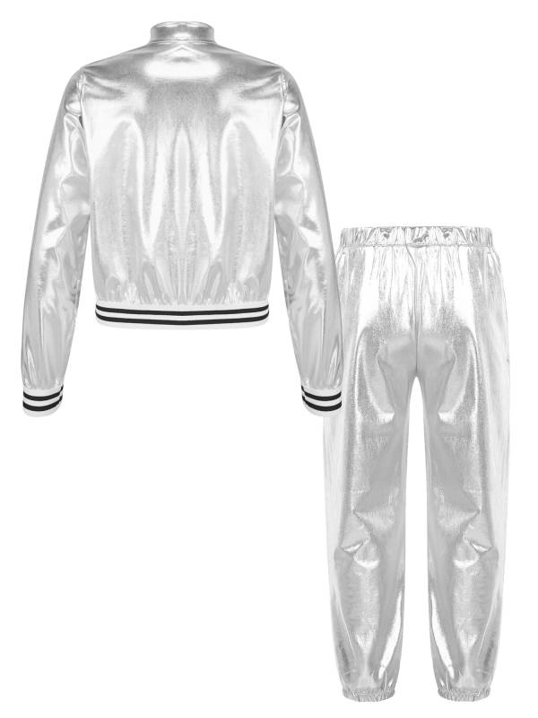 Kids Girls Metallic Zipper Jacket and Pants Sport Sets thumb