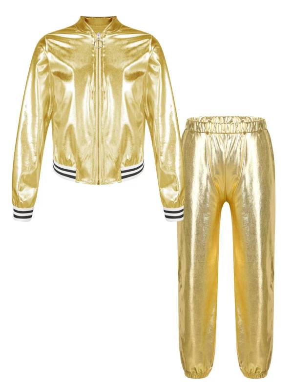 Kids Girls Metallic Zipper Jacket and Pants Sport Sets thumb