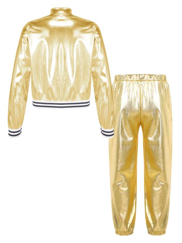 Kids Girls Metallic Zipper Jacket and Pants Sport Sets thumb