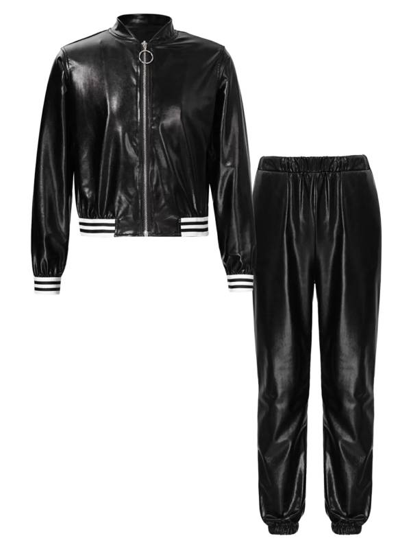 Kids Girls Metallic Zipper Jacket and Pants Sport Sets thumb