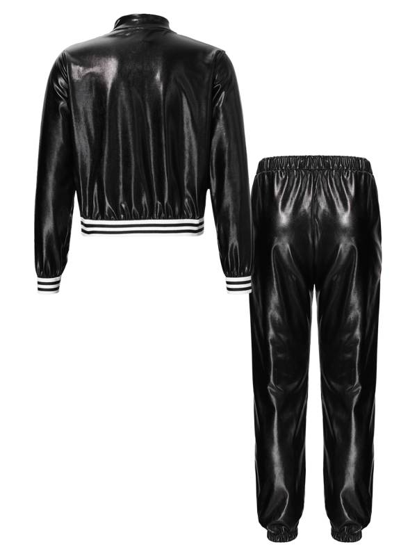 Kids Girls Metallic Zipper Jacket and Pants Sport Sets thumb