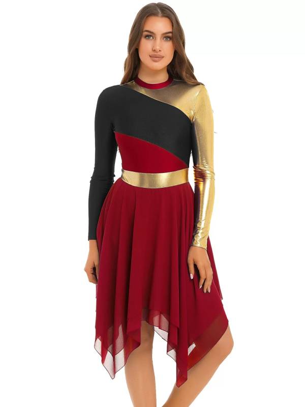 Women Color Block Long Sleeve High Low Praise Dance Dress(no white underdress) thumb