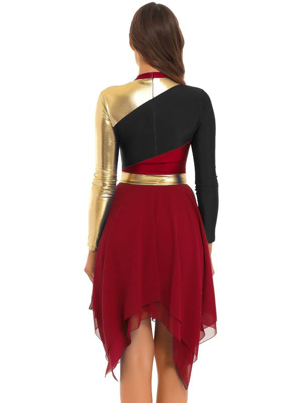 Women Color Block Long Sleeve High Low Praise Dance Dress(no white underdress) thumb