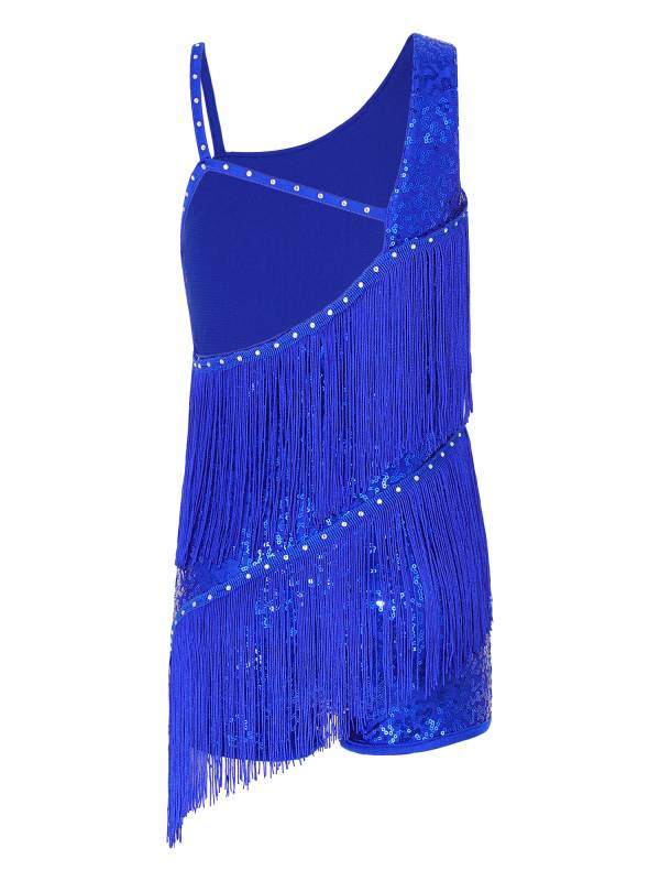 Kids Girls Sleeveless Sequins Tassels Latin Dance Leotards thumb