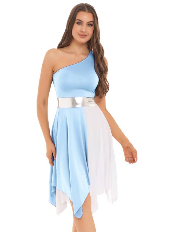 Women One Shoulder Color Block Praise Dance Dress(not include white underdress) thumb