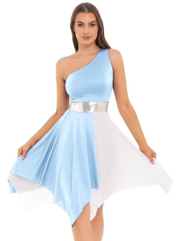 Women One Shoulder Color Block Praise Dance Dress(not include white underdress) thumb