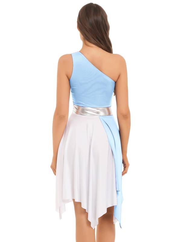 Women One Shoulder Color Block Praise Dance Dress(not include white underdress) thumb