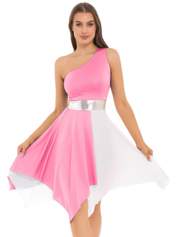 Women One Shoulder Color Block Praise Dance Dress(not include white underdress) thumb