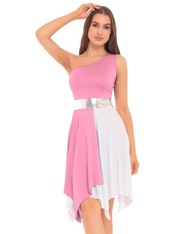 Women One Shoulder Color Block Praise Dance Dress(not include white underdress) thumb