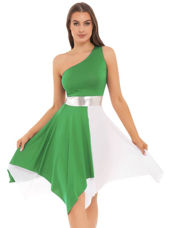 Women One Shoulder Color Block Praise Dance Dress(not include white underdress) thumb