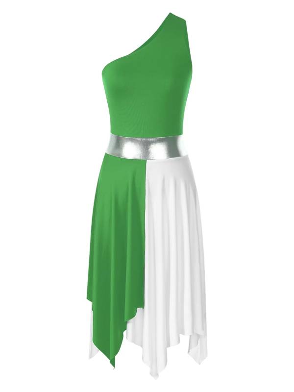 Women One Shoulder Color Block Praise Dance Dress(not include white underdress) thumb