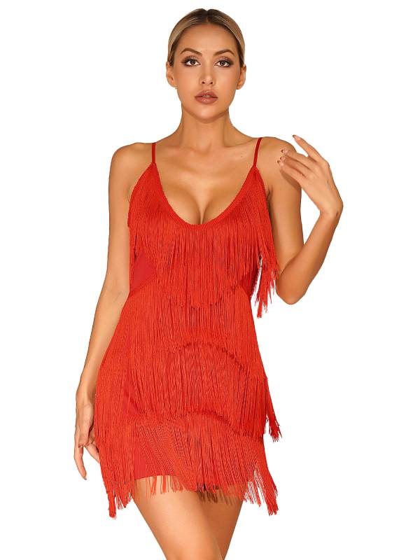 Women Deep V Neck Tiered Tassel Latin Dance Dresses thumb