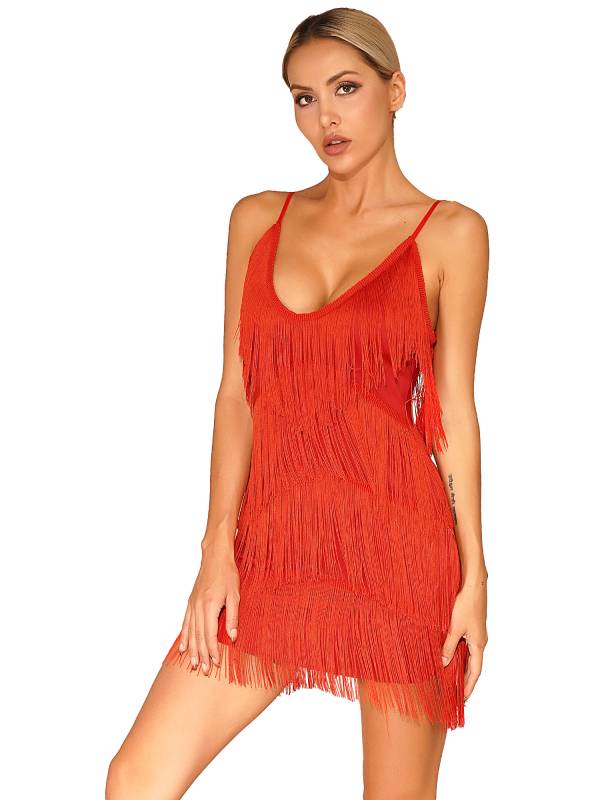 Women Deep V Neck Tiered Tassel Latin Dance Dresses thumb