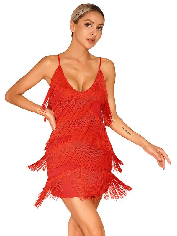 Women Deep V Neck Tiered Tassel Latin Dance Dresses thumb