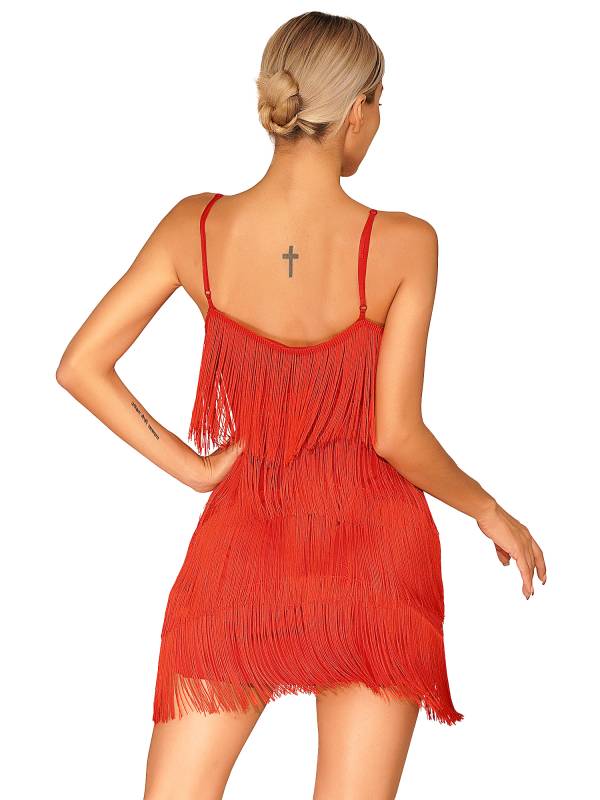 Women Deep V Neck Tiered Tassel Latin Dance Dresses thumb