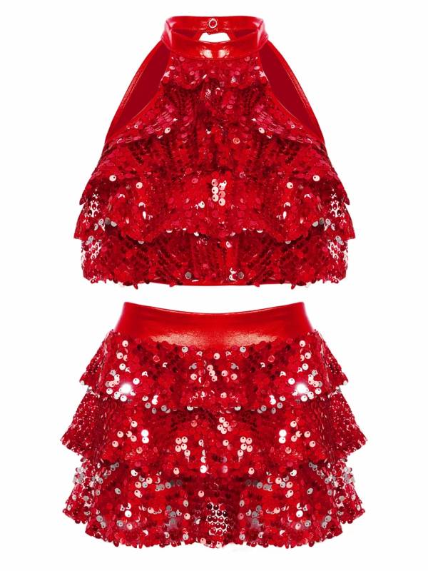 Kids Girls Sequin Backless Crop Top and Skirt Jazz Dance Sets thumb