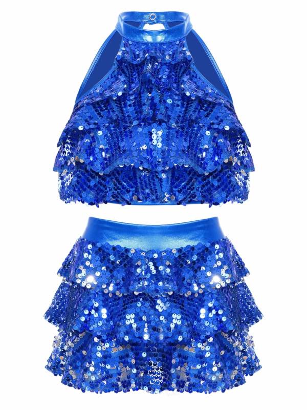 Kids Girls Sequin Backless Crop Top and Skirt Jazz Dance Sets thumb