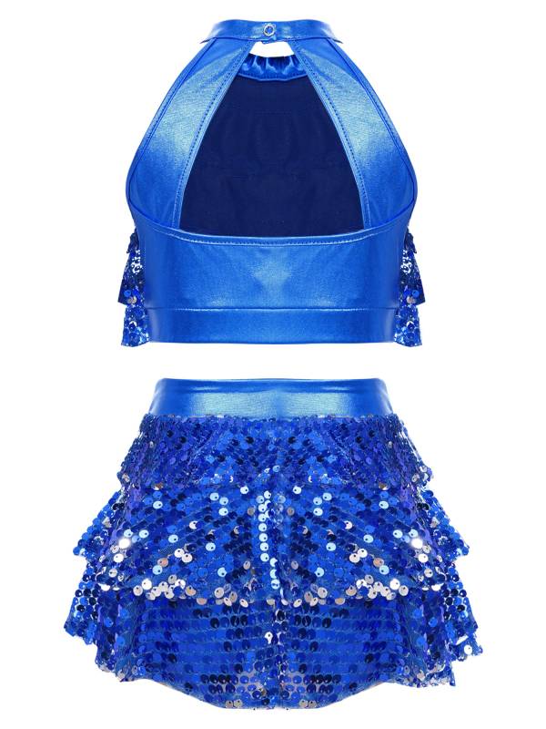 Kids Girls Sequin Backless Crop Top and Skirt Jazz Dance Sets thumb