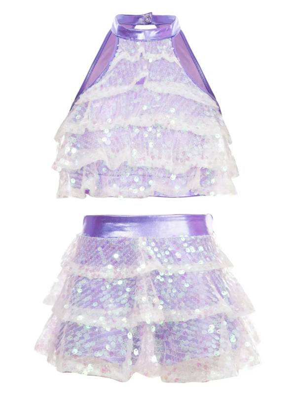 Kids Girls Sequin Backless Crop Top and Skirt Jazz Dance Sets thumb