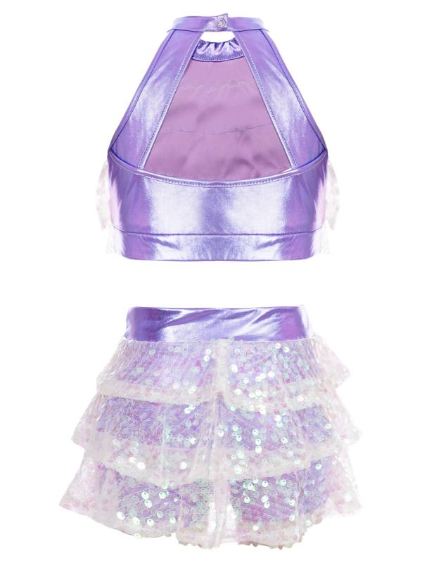 Kids Girls Sequin Backless Crop Top and Skirt Jazz Dance Sets thumb