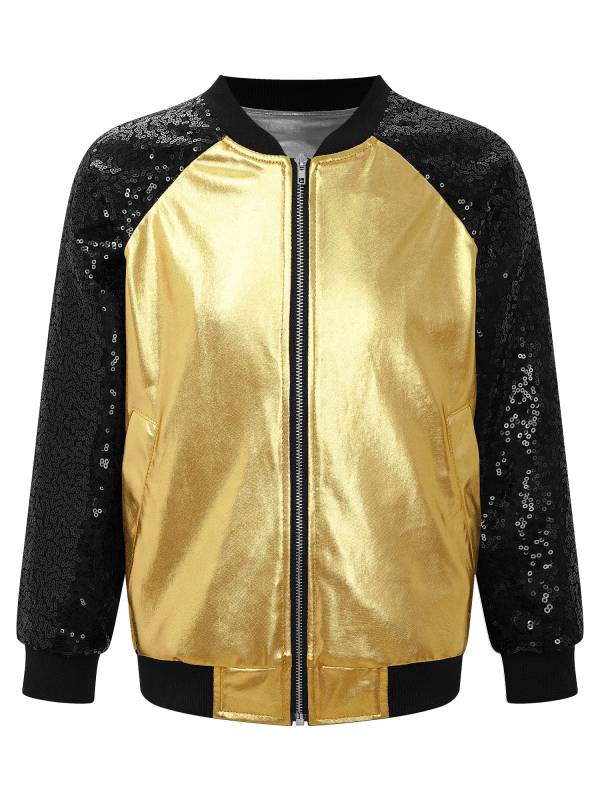 Kids Girls Sequin Long Sleeve Zipper Front Jacket and Metallic Pants Dance Set thumb