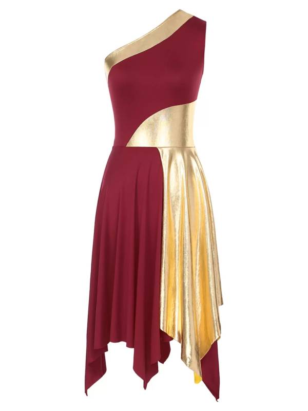 Women One Shoulder Metallic Sleeveless Worship Praise Dance Dress thumb