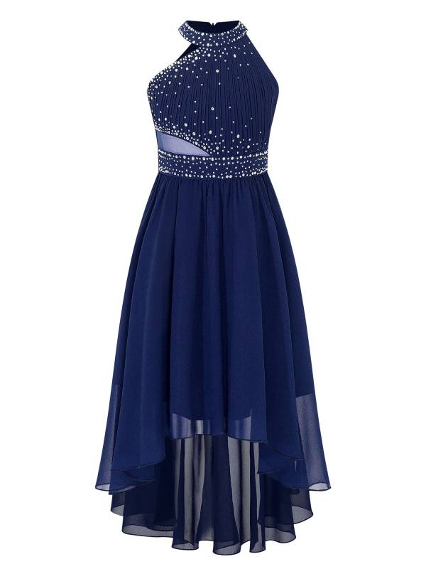 Kids Girls Rhinestone High-Low Skirt Chiffon Party Dress thumb