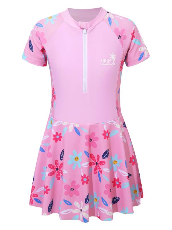 Kids Girls Short Sleeve Flower Swim Dress with Built-in Shorts thumb