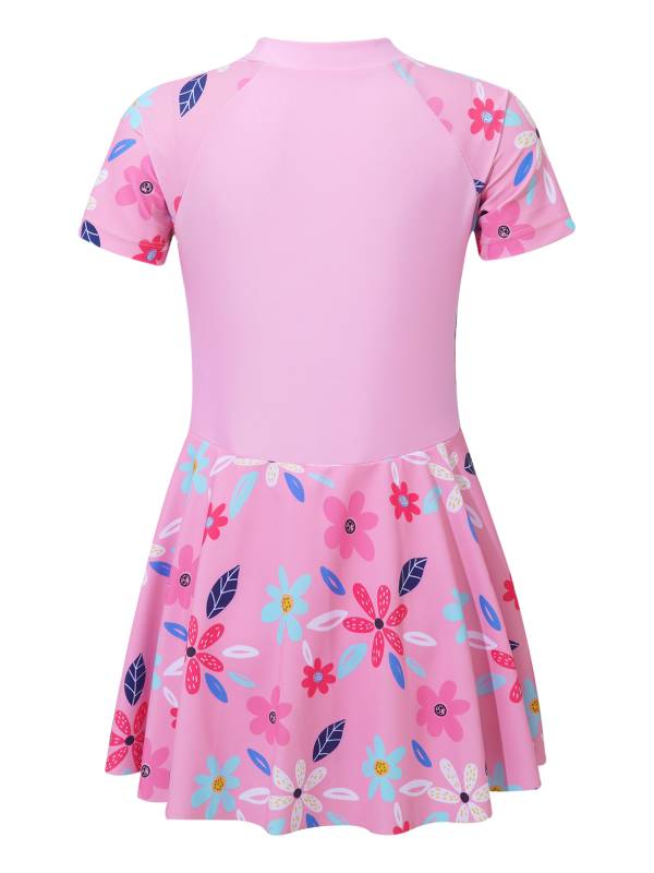 Kids Girls Short Sleeve Flower Swim Dress with Built-in Shorts thumb