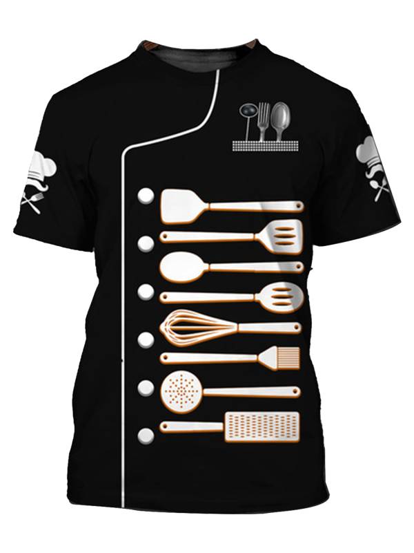 Men Round Neck Short Sleeve Cooking Utensil Print Chef T-shirt thumb