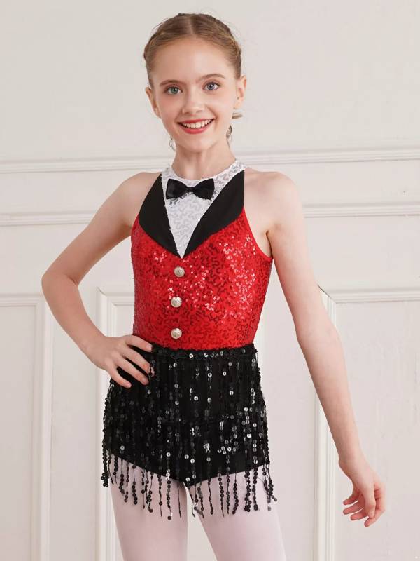 Kids Girls Sleeveless Sequin Tassel One-Piece Jazz Dance Leotard thumb