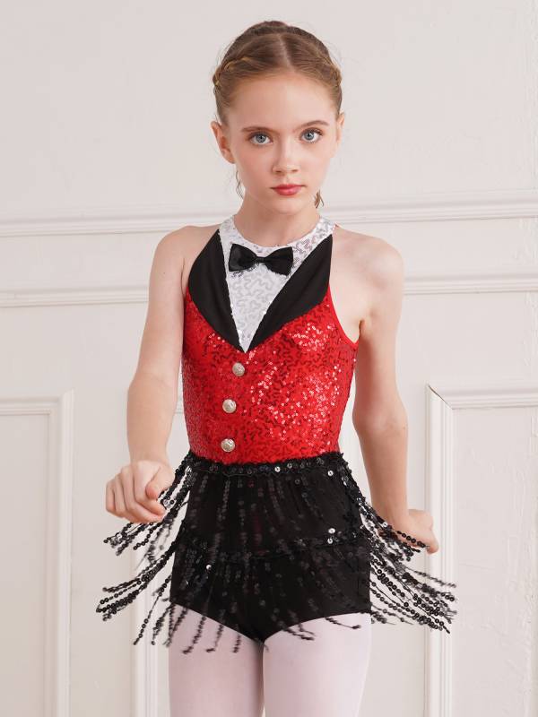 Kids Girls Sleeveless Sequin Tassel One-Piece Jazz Dance Leotard thumb