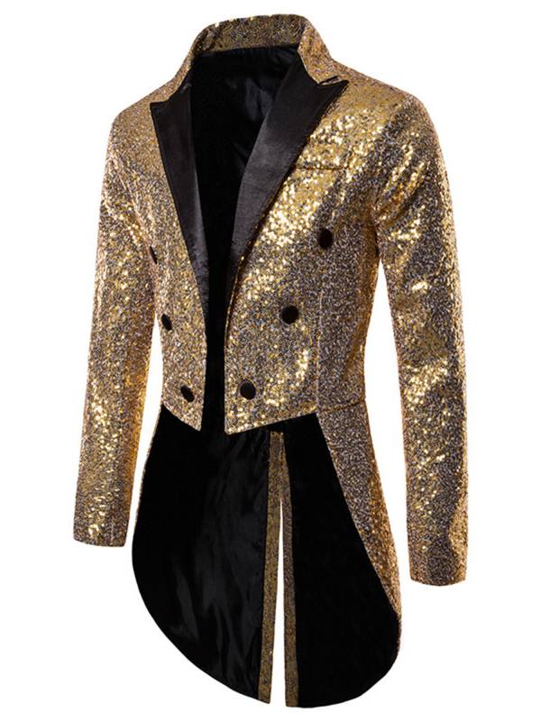 Men Sequin Long Sleeve Lapel Double-Breasted Tailcoat Formal Tuxedo thumb