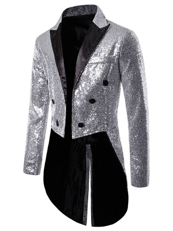 Men Sequin Long Sleeve Lapel Double-Breasted Tailcoat Formal Tuxedo thumb