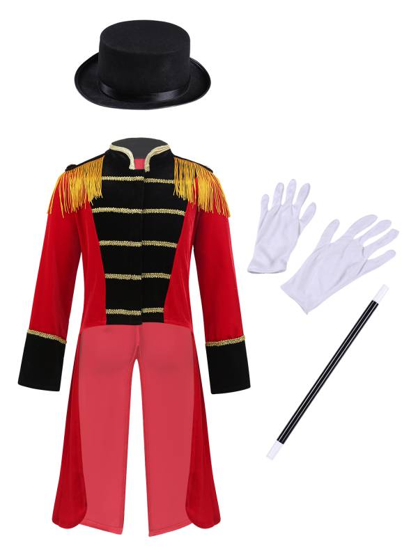 Kids Boys Long Sleeve Stand Collar Tassel Tailcoat with Hat Circus Costume thumb