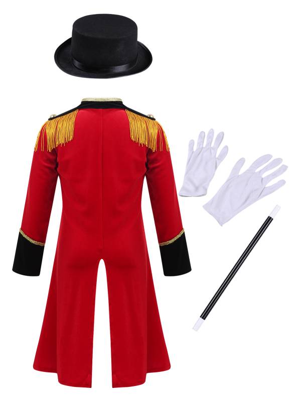 Kids Boys Long Sleeve Stand Collar Tassel Tailcoat with Hat Circus Costume thumb