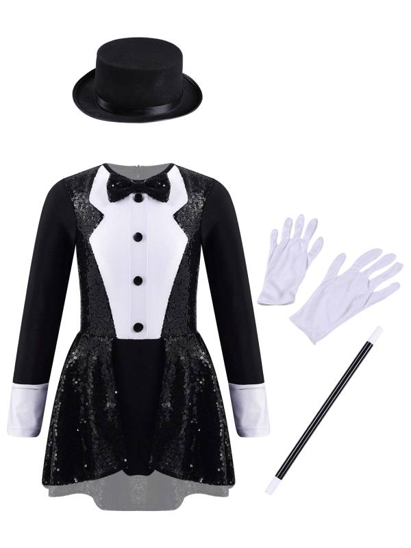 Kids Girls Long Sleeve Bow Tie Sequin Leotard with Hat Magician Costume Set thumb