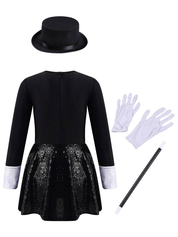 Kids Girls Long Sleeve Bow Tie Sequin Leotard with Hat Magician Costume Set thumb