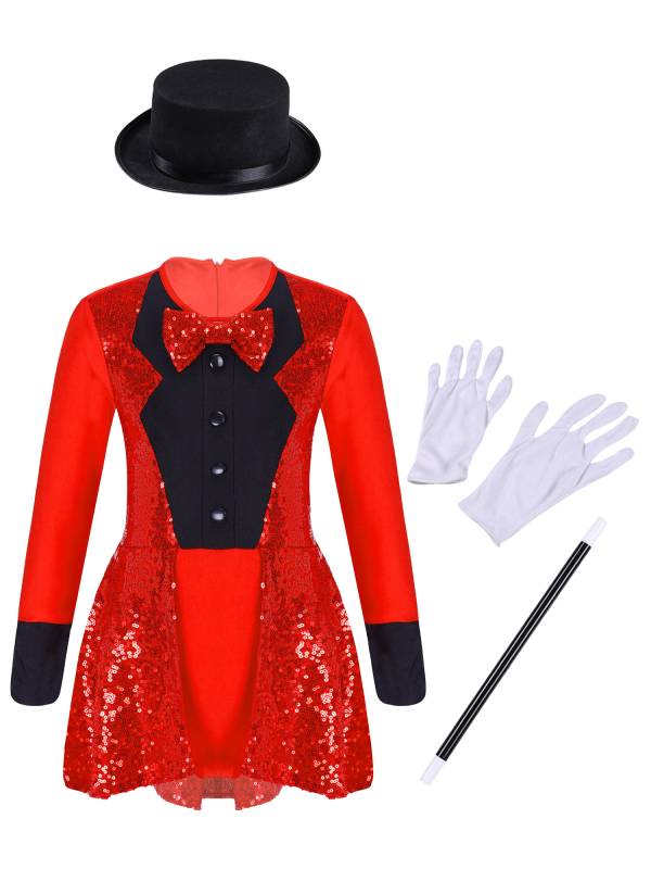 Kids Girls Long Sleeve Bow Tie Sequin Leotard with Hat Magician Costume Set thumb