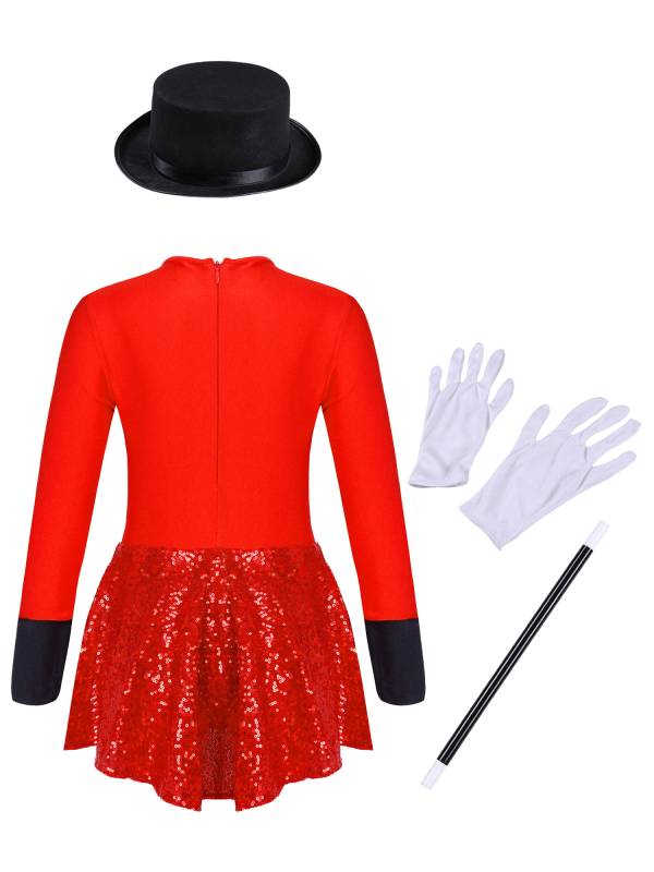 Kids Girls Long Sleeve Bow Tie Sequin Leotard with Hat Magician Costume Set thumb