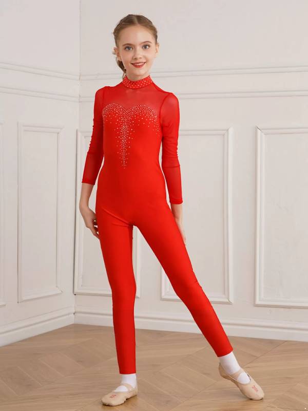 Kids Girls Long Sleeve Shiny Rhinestone Gymnastics Unitard thumb