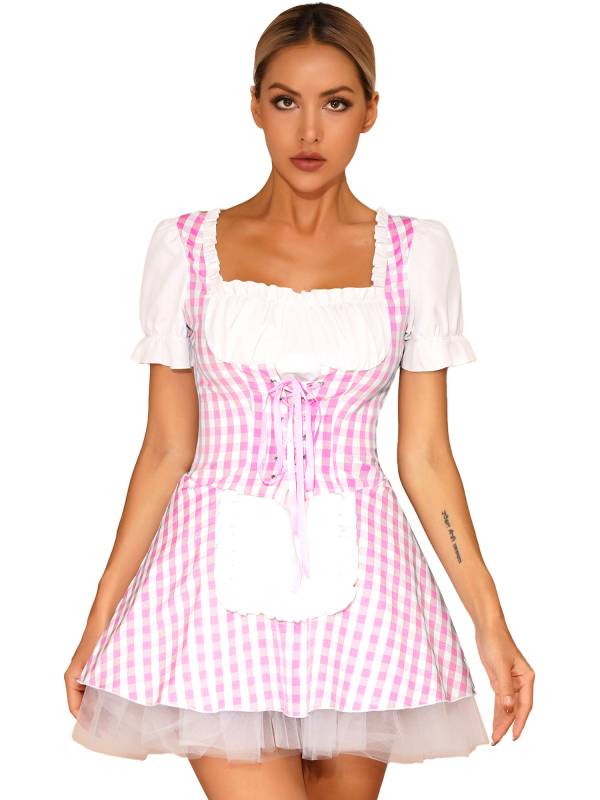 Women Halloween Miss Muffet Lace-Up Ruffle Apron Plaid Maid Dress thumb