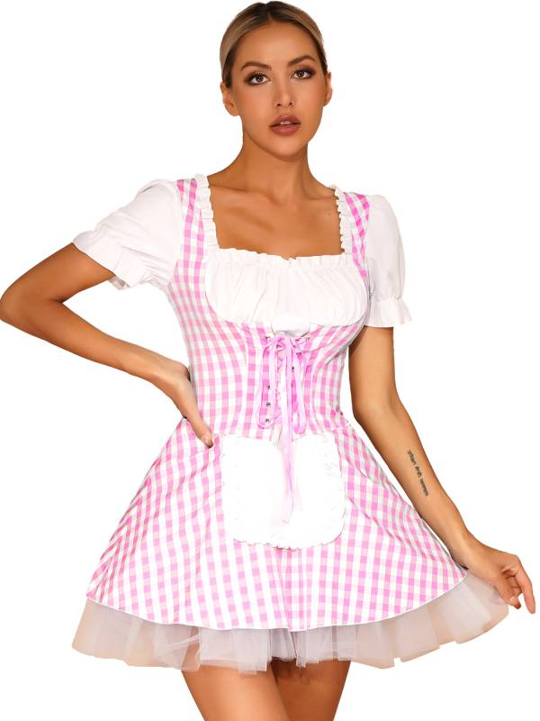 Women Halloween Miss Muffet Lace-Up Ruffle Apron Plaid Maid Dress thumb