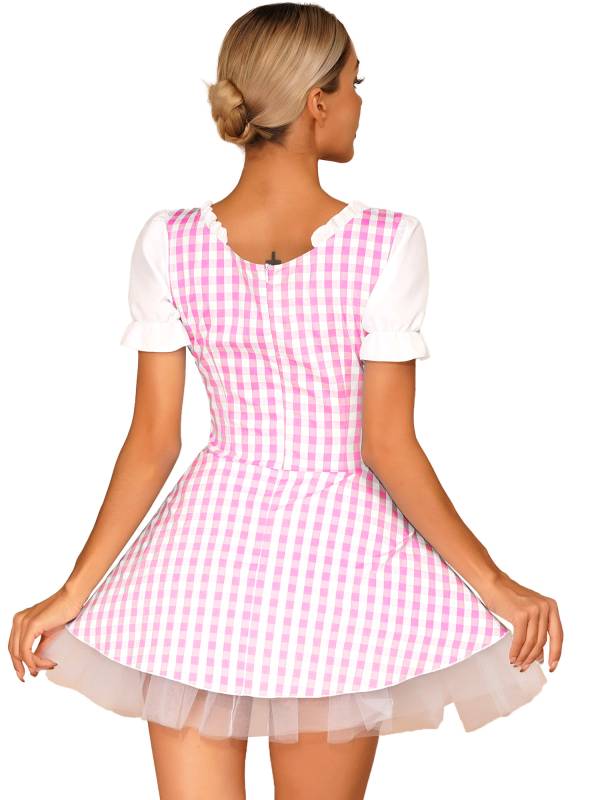 Women Halloween Miss Muffet Lace-Up Ruffle Apron Plaid Maid Dress thumb