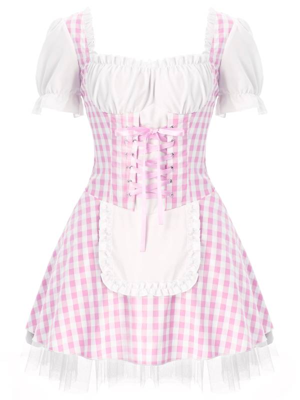 Women Halloween Miss Muffet Lace-Up Ruffle Apron Plaid Maid Dress thumb