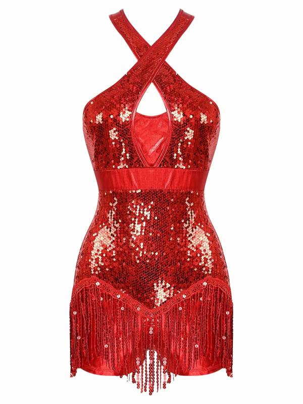 Women Sequins Tassel Latin Dance Leotard thumb